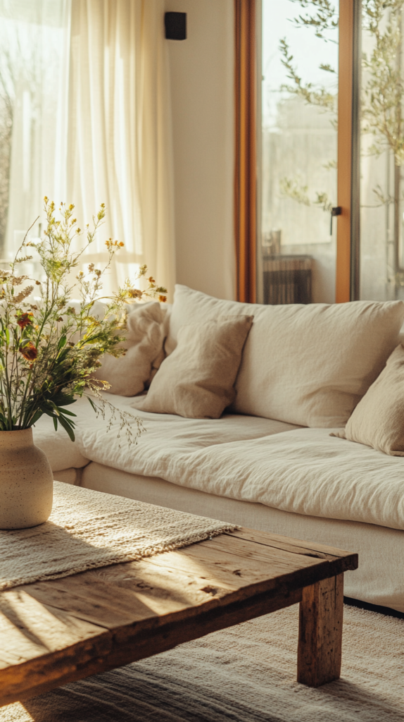 Organic modern living room with linen sofa, reclaimed wood accents, and warm neutral tones.