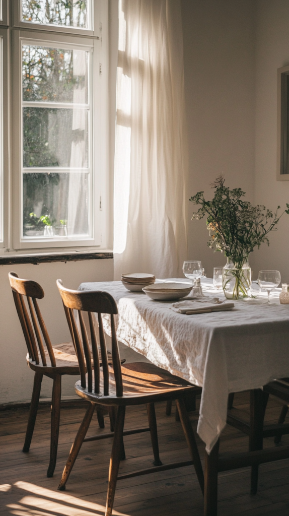 Dining room with vintage furniture mix and natural sustainable decor.