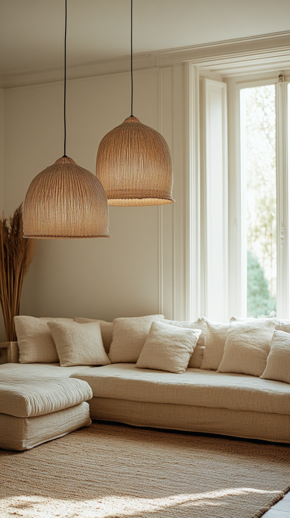 Cozy sustainable living room with energy-efficient lighting and natural textures.