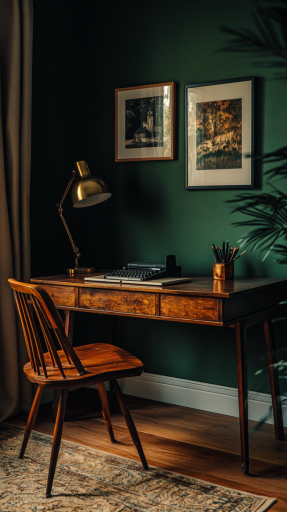 Dark academia style home office with antique desk and rich earthy colors.