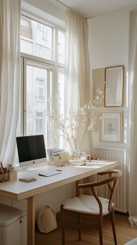Double desk setup for shared cozy home office with light divider.