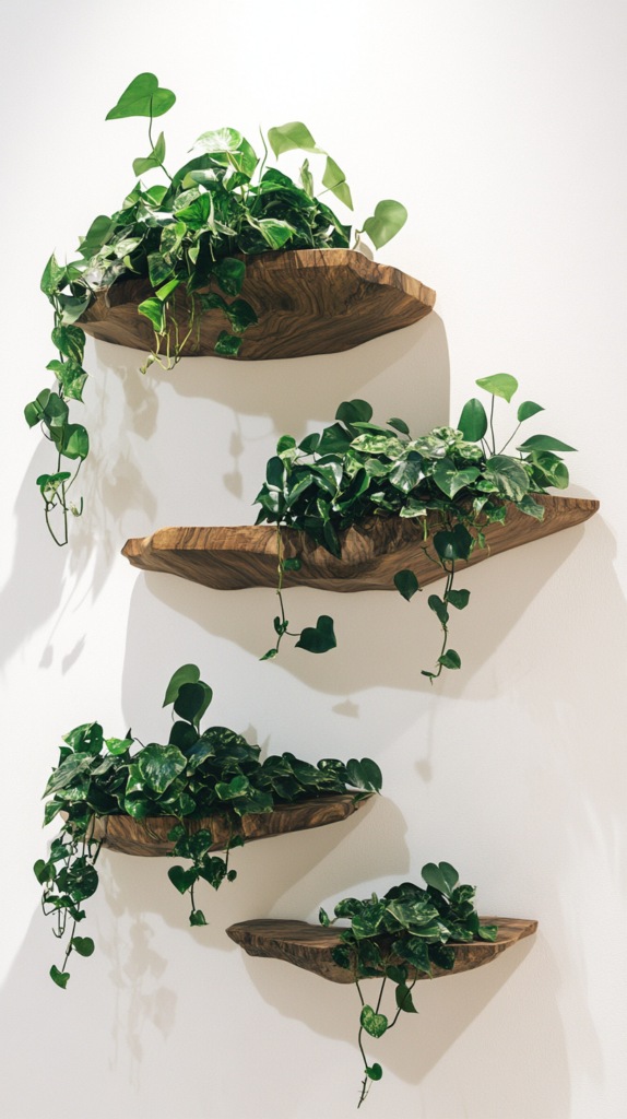 Floating white shelves filled with cascading green plants.