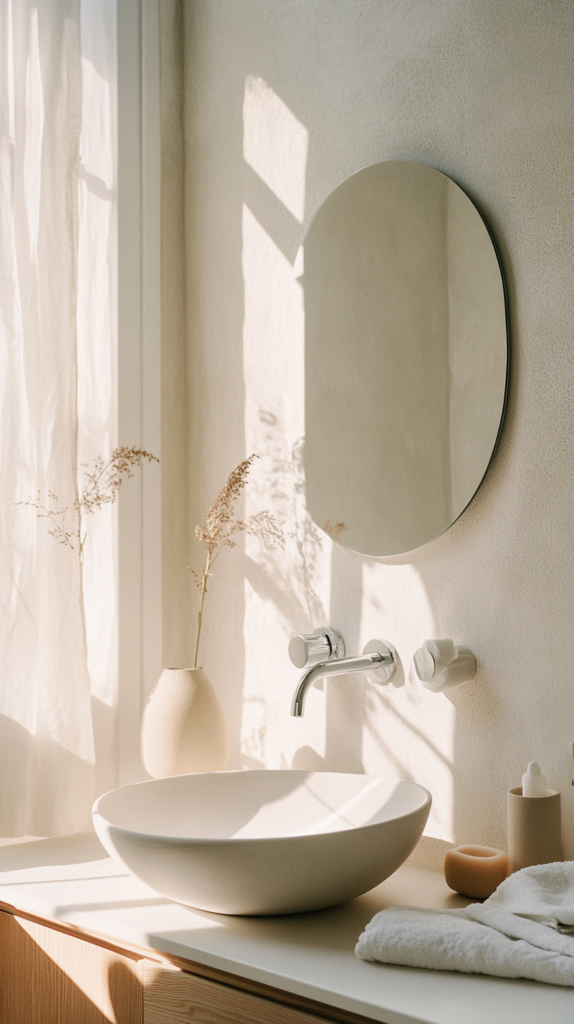 Frameless mirrors in a bathroom niche reflecting calm minimal decor.