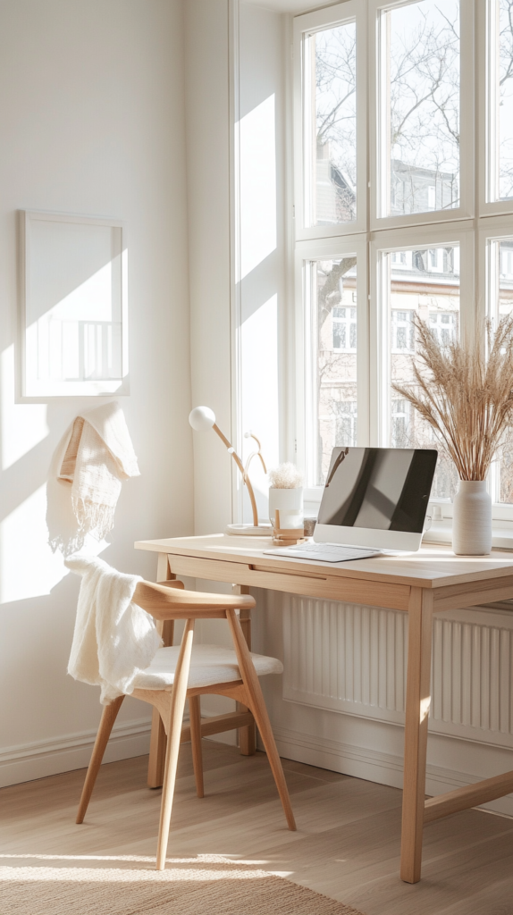 Minimalist Scandinavian desk setup with light wood and natural daylight.