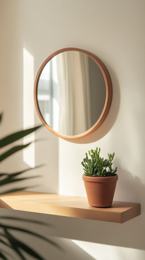 Minimalist entryway with round mirror, small shelf, and potted plant.