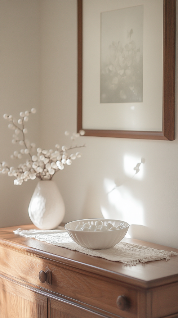 Minimalist entryway with wooden console table, linen runner, and natural light.