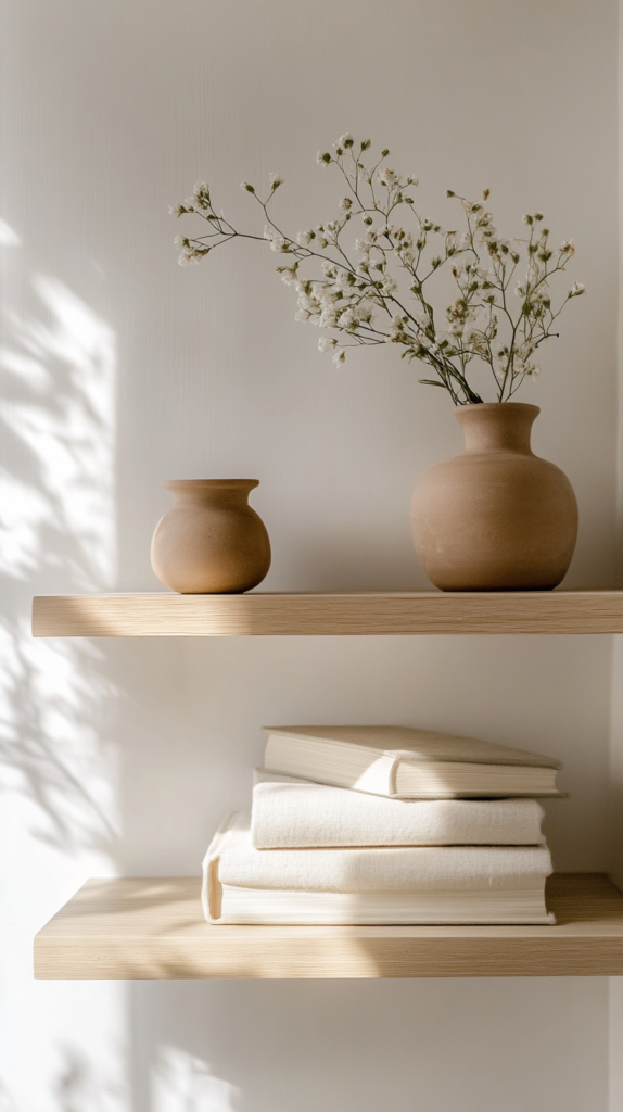  Minimalist floating shelf with linen books, natural ceramics, and a trailing plant.