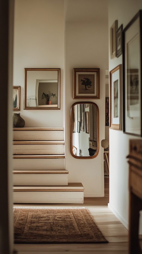 Mirror gallery climbing up stairwell in a neutral home.