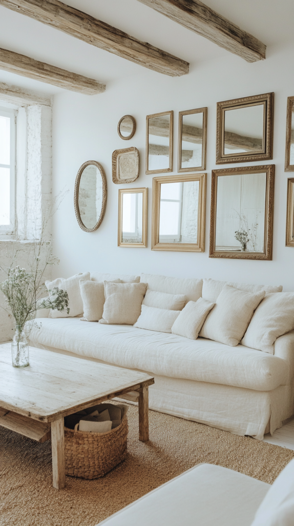 Gallery wall of mirrors in a living room above a beige sofa with natural textures.
