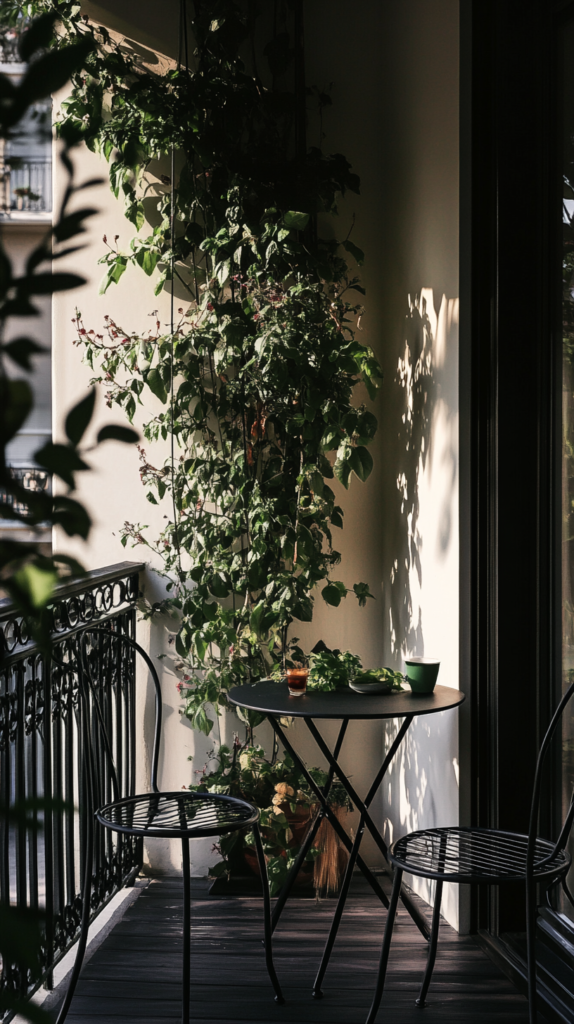  Modern black balcony with lush green plants and cozy minimalist furniture.