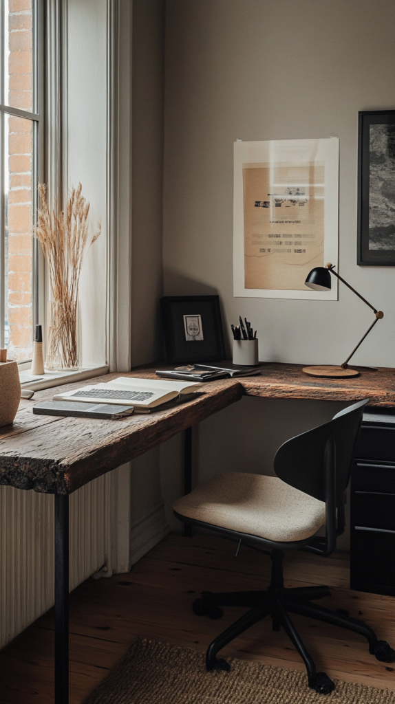 Modern rustic home office corner with reclaimed wood desk and industrial chair.