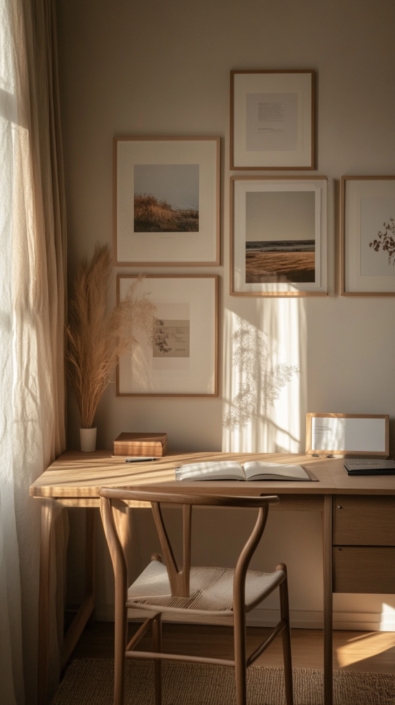 Neutral gallery wall above minimalist cozy home office desk.