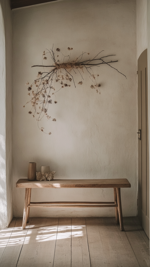 t: Rustic wall hanging made with twine, herbs, and a foraged branch.