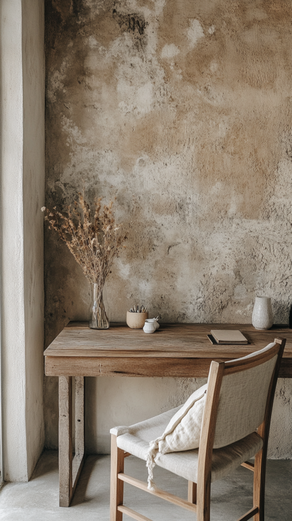 Earthy rustic textured home office with natural wood and linen textures.