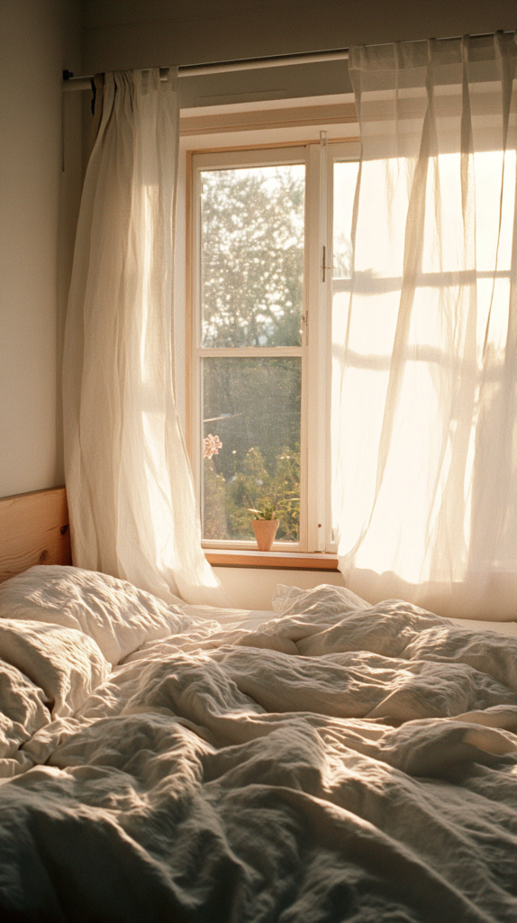 Serene sustainable bedroom with organic cotton bedding and recycled wood furniture.