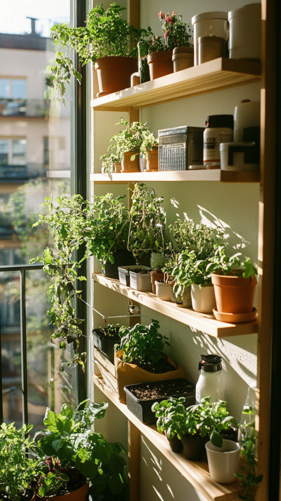 : Apartment balcony with vertical herb garden and cozy seating.