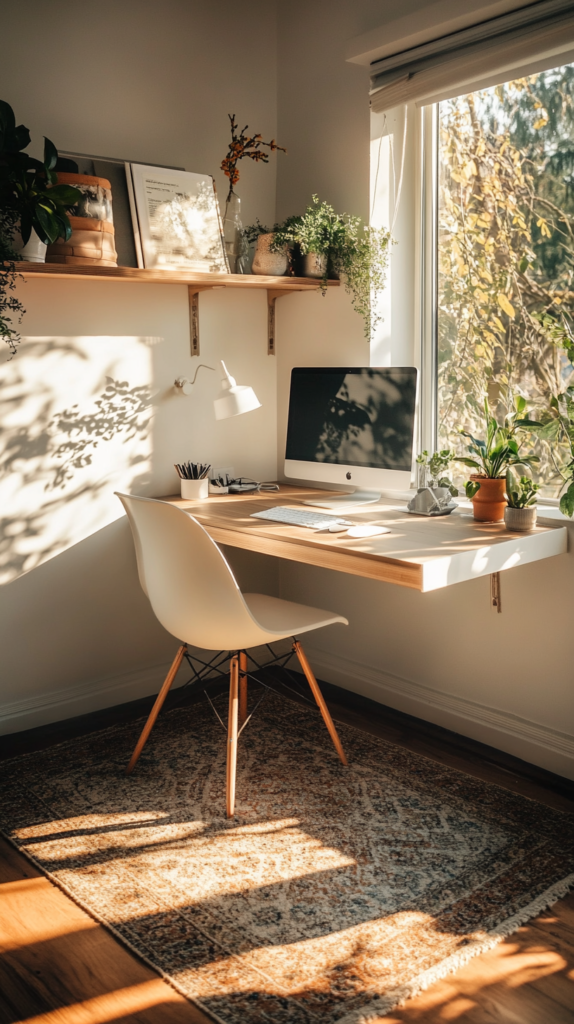 Floating wall-mounted desk in a small minimalist home office setup.