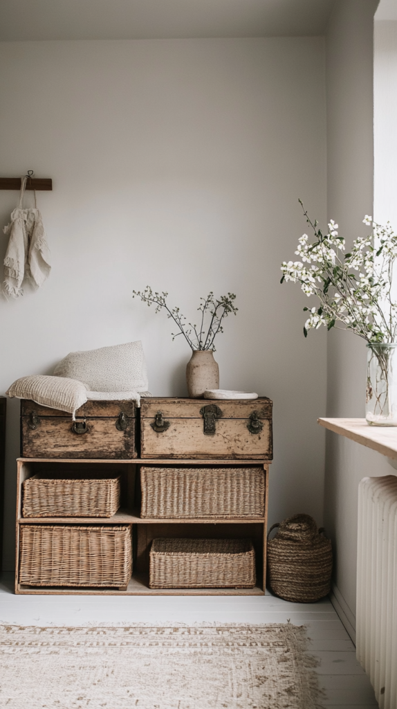 Upcycled storage ideas with vintage trunks and natural baskets in cozy sustainable home.