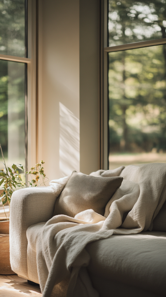 Living room painted with eco-friendly low-VOC colors in soft neutral palette.