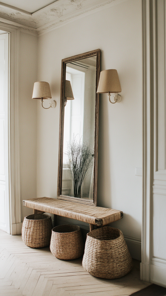 Tall mirror flanked by sconces in a welcoming entryway with soft textures.