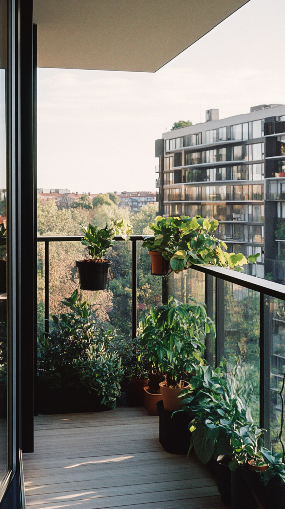  Lush tiny balcony styled as a mini urban jungle with potted greens.