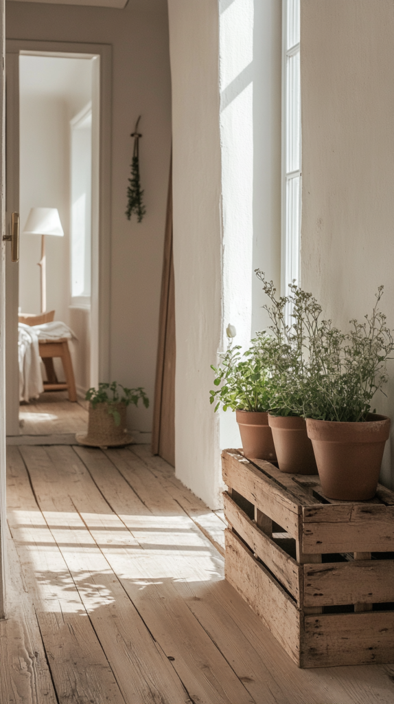 Wooden crate shelf used for rustic spring decor with herbs and natural styling.