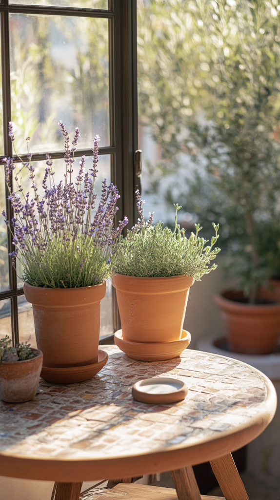 Mediterranean balcony with terracotta planters and mosaic table.