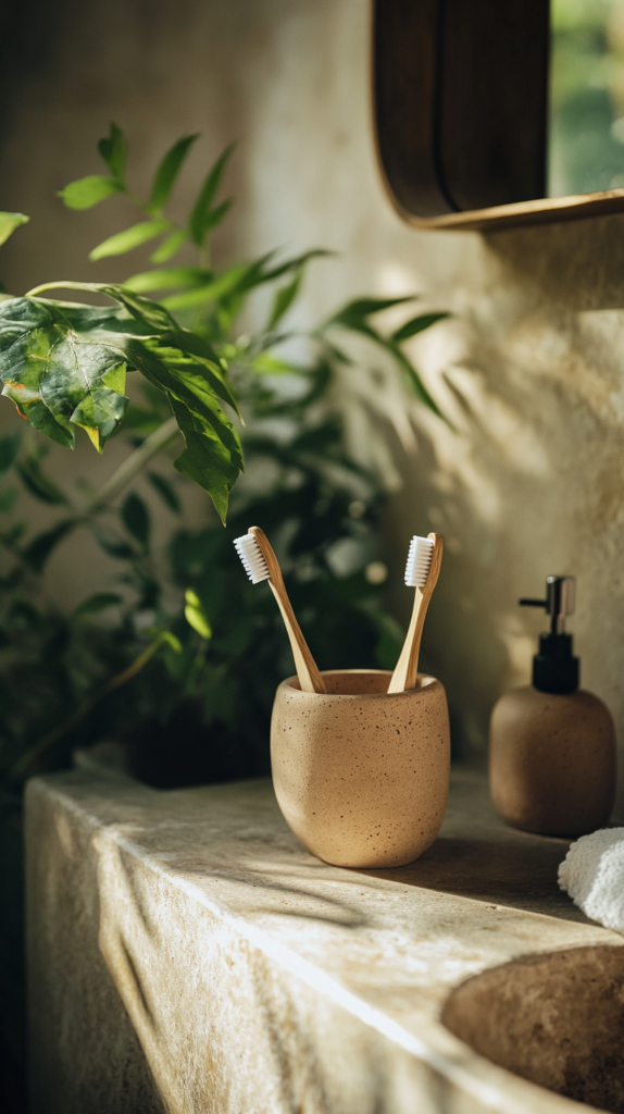 Bamboo toothbrush in an eco-friendly bathroom setting with plants and stone textures.