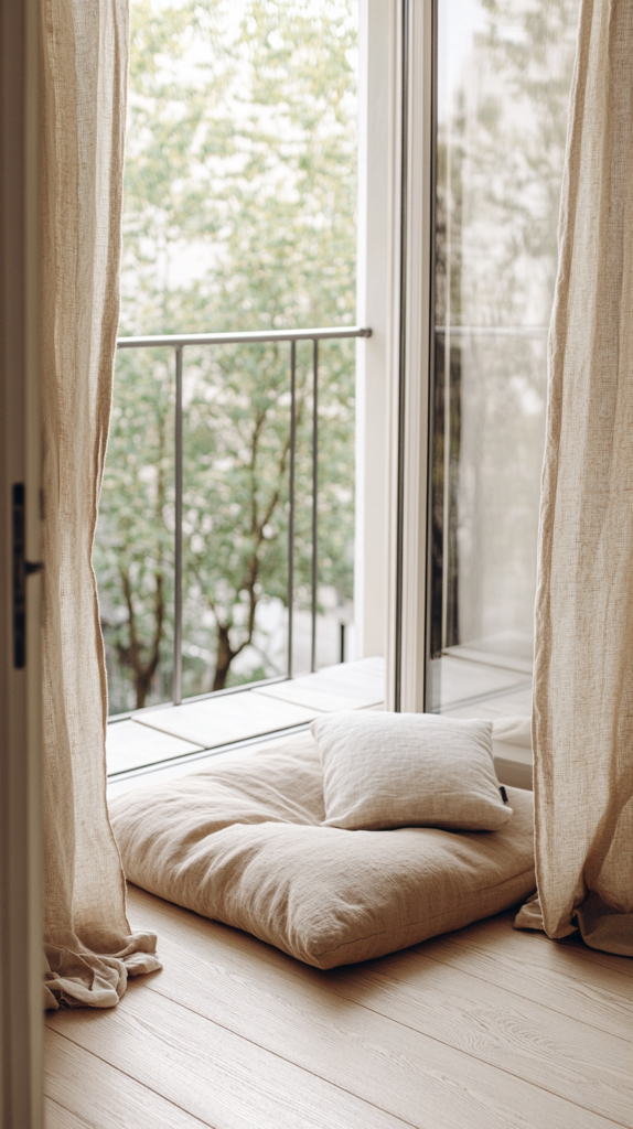 Beige and linen styled balcony with natural cozy elements.