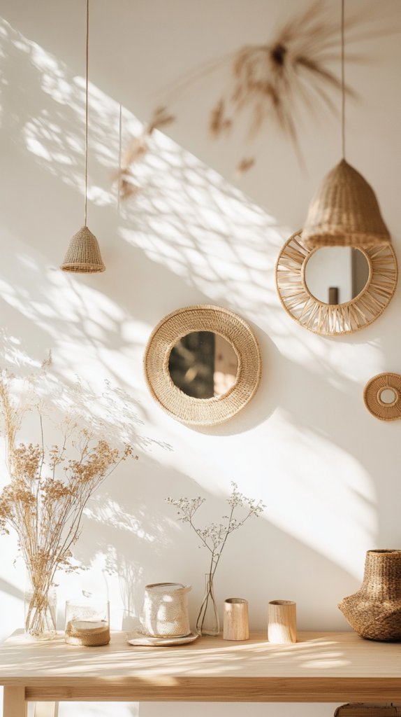 Wall decorated with a mix of boho-style mirrors in organic shapes.