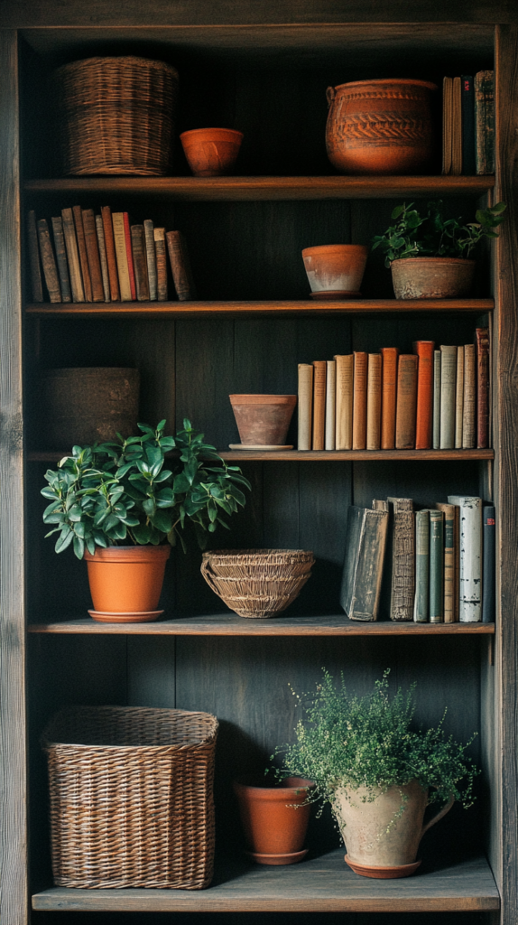 Boho styled shelf with natural baskets, plants, and colorful books.