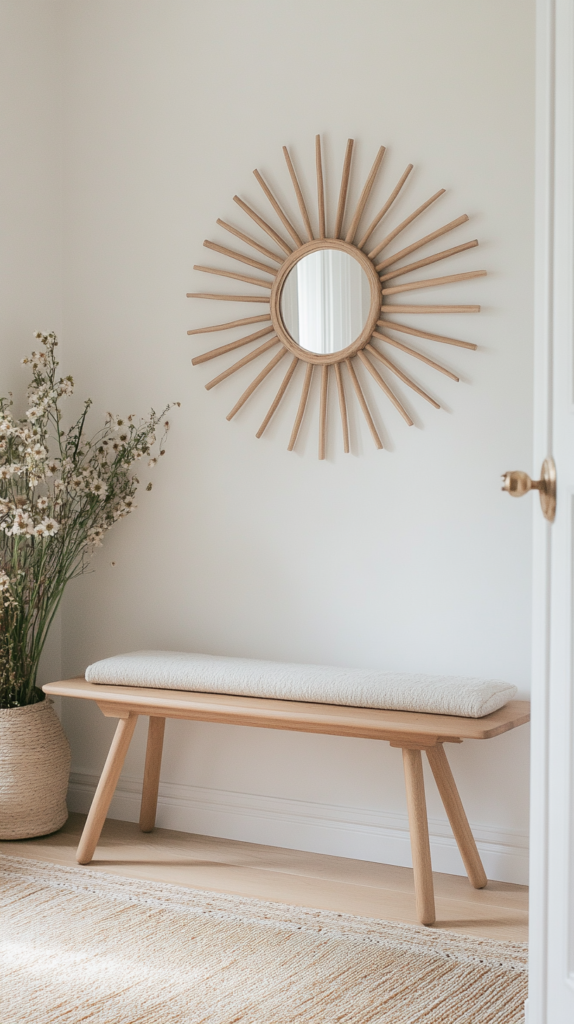 Bright entryway with light wood bench and cozy natural textures.