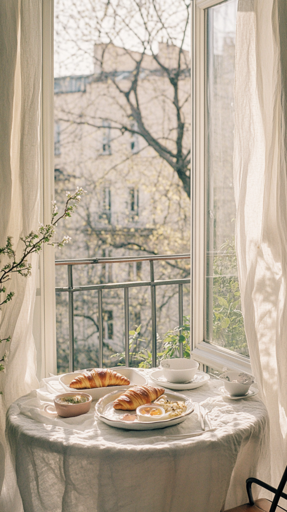 Balcony breakfast nook with ceramic dishes and spring flowers.