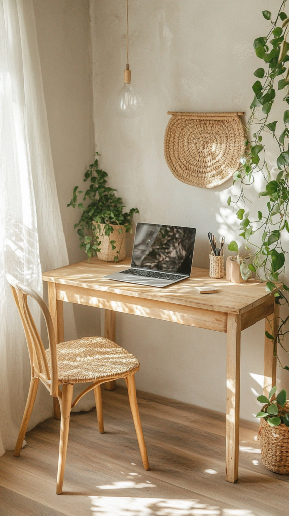 : Boho-style home office nook with cozy textures and natural materials.