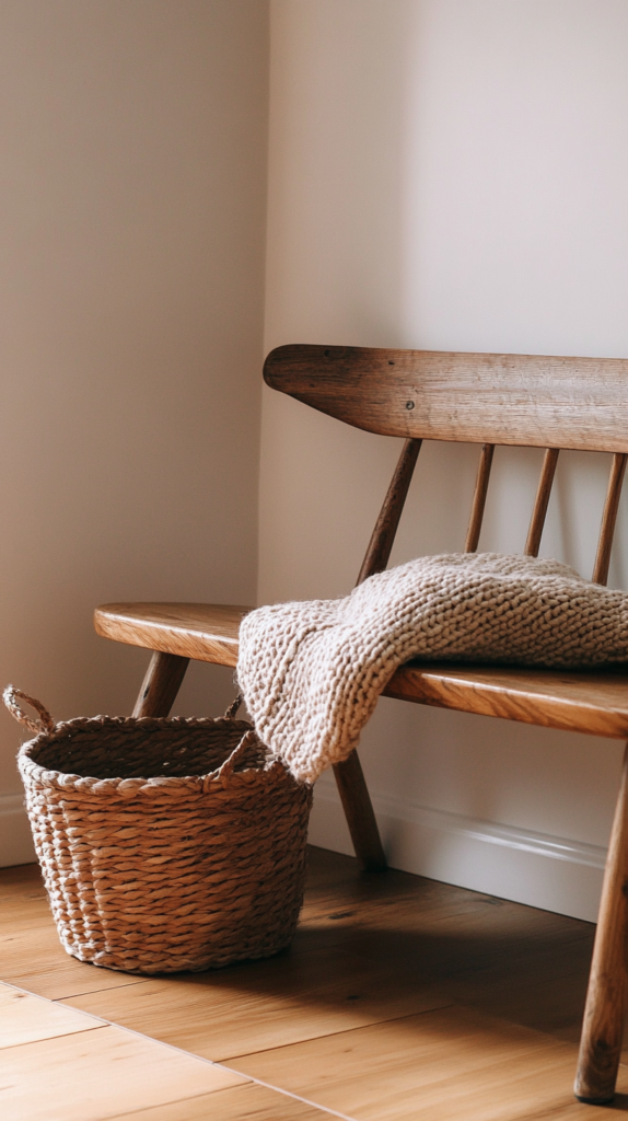 Cozy entryway with wooden bench, throw blanket, and soft natural light.