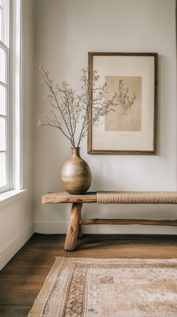 Cozy minimalist entryway with layered rugs and natural textures.