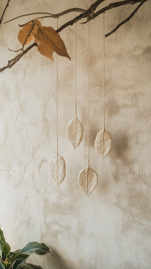 Hanging clay medallions with natural leaf patterns on twine.