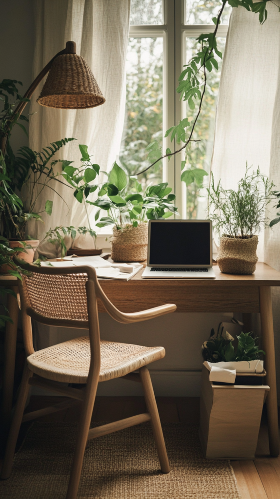 Cozy home office surrounded by green potted plants and natural light.