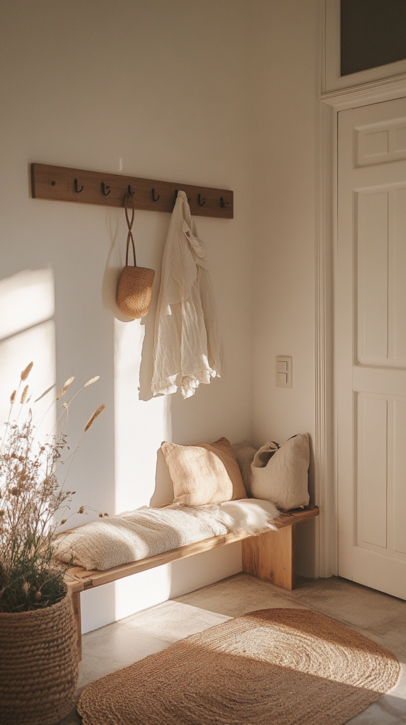 Minimalist entryway with wooden peg rack and cozy neutral tones.