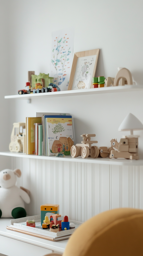  Kids' minimalist bedroom shelf with toys and pastel books.