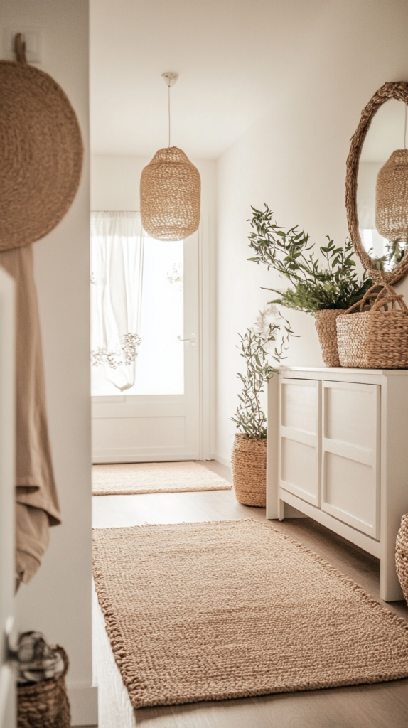 : Neutral minimalist entryway with jute rug and cozy textures.