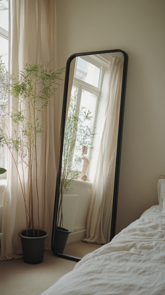 Leaning full-length mirror reflecting soft light in a cozy apartment.