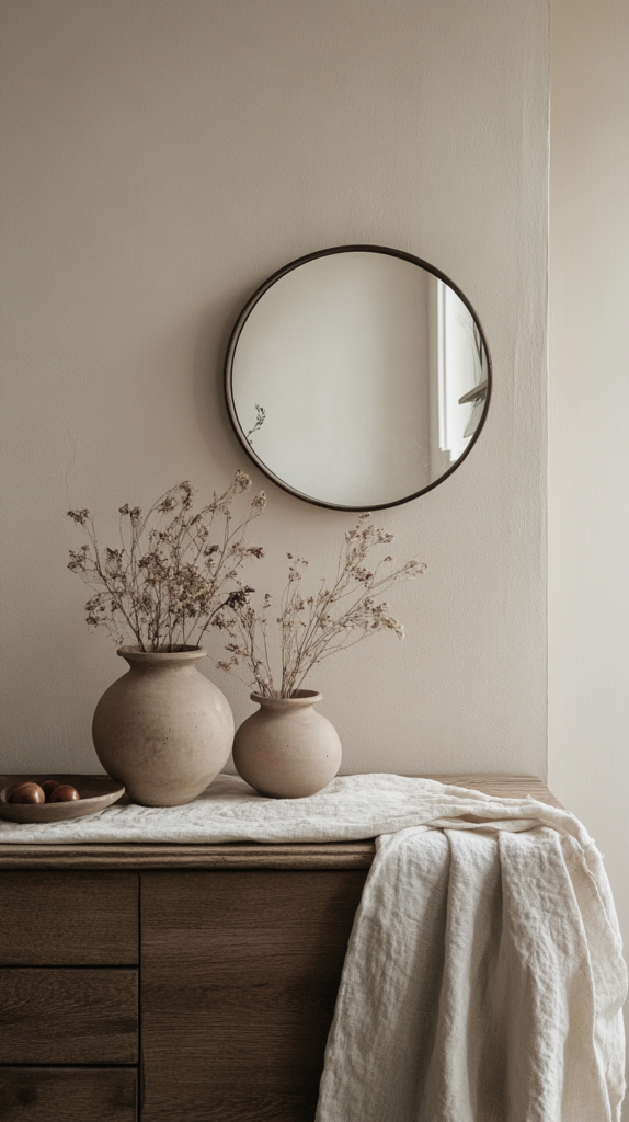 Cluster of round mirrors above a rustic wood sideboard with simple styling.