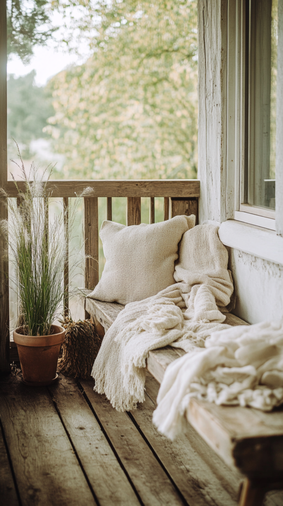  Rustic wood balcony styled with cozy natural elements.