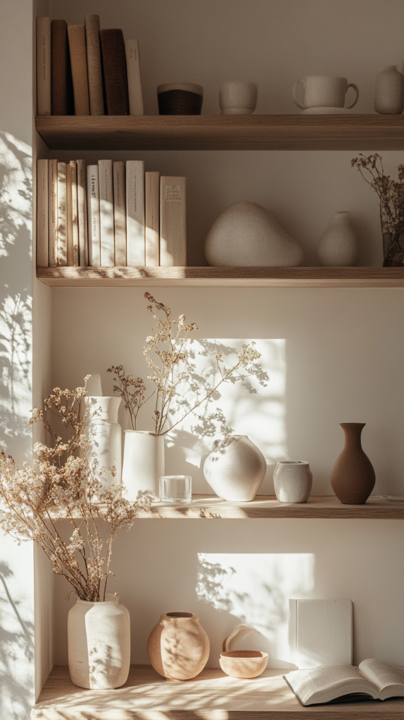 Cozy shelf styled with seasonal natural elements.