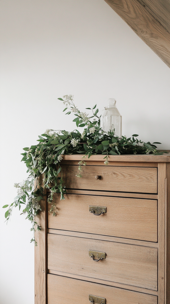 Mini foraged spring garland hanging over a cabinet with natural elements.