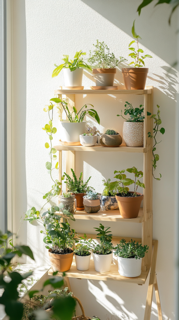  Tiny outdoor shelf on balcony with mini plants and cozy details.