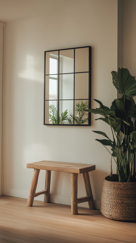  Grid-style black mirror in a hallway reflecting clean modern design.