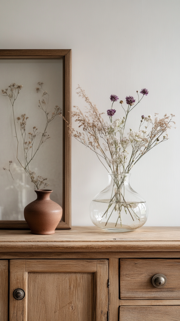 Minimalist spring frame with pressed flowers in a cozy rustic setting.