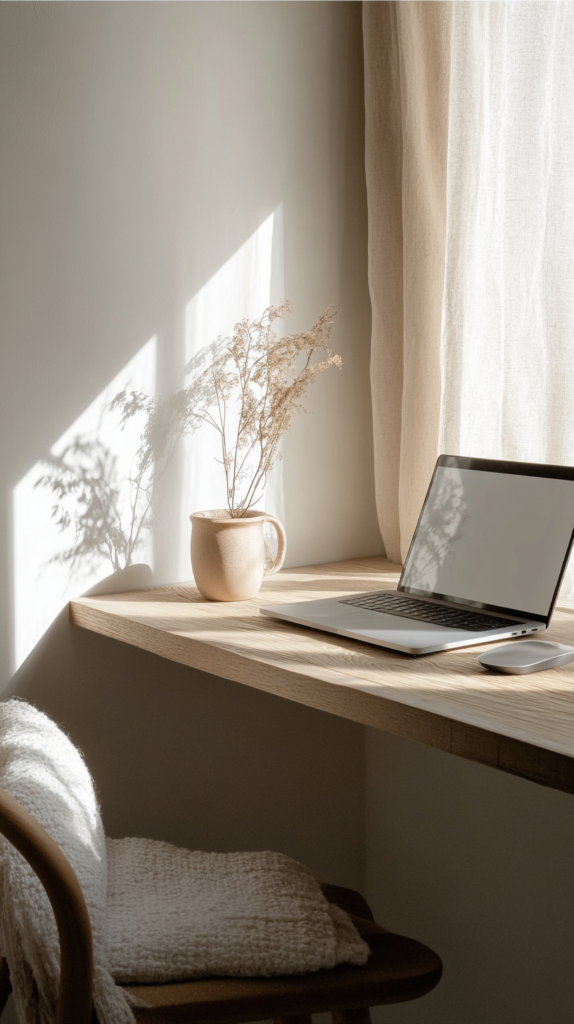 Minimal floating shelf desk setup for small cozy home office.